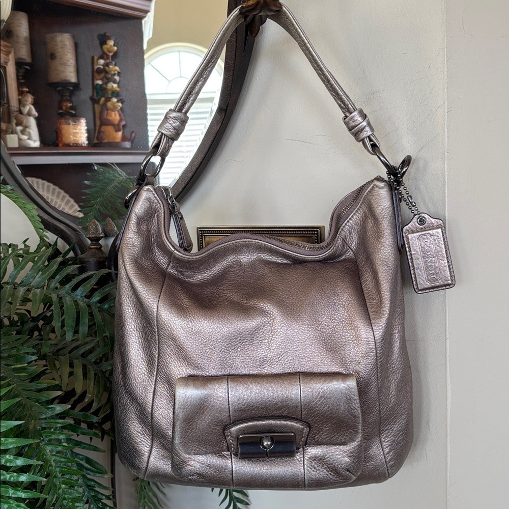 Coach Kristen Leather Metallic Pewter Top Zip Hobo Shoulder Bag Purse Gunmetal